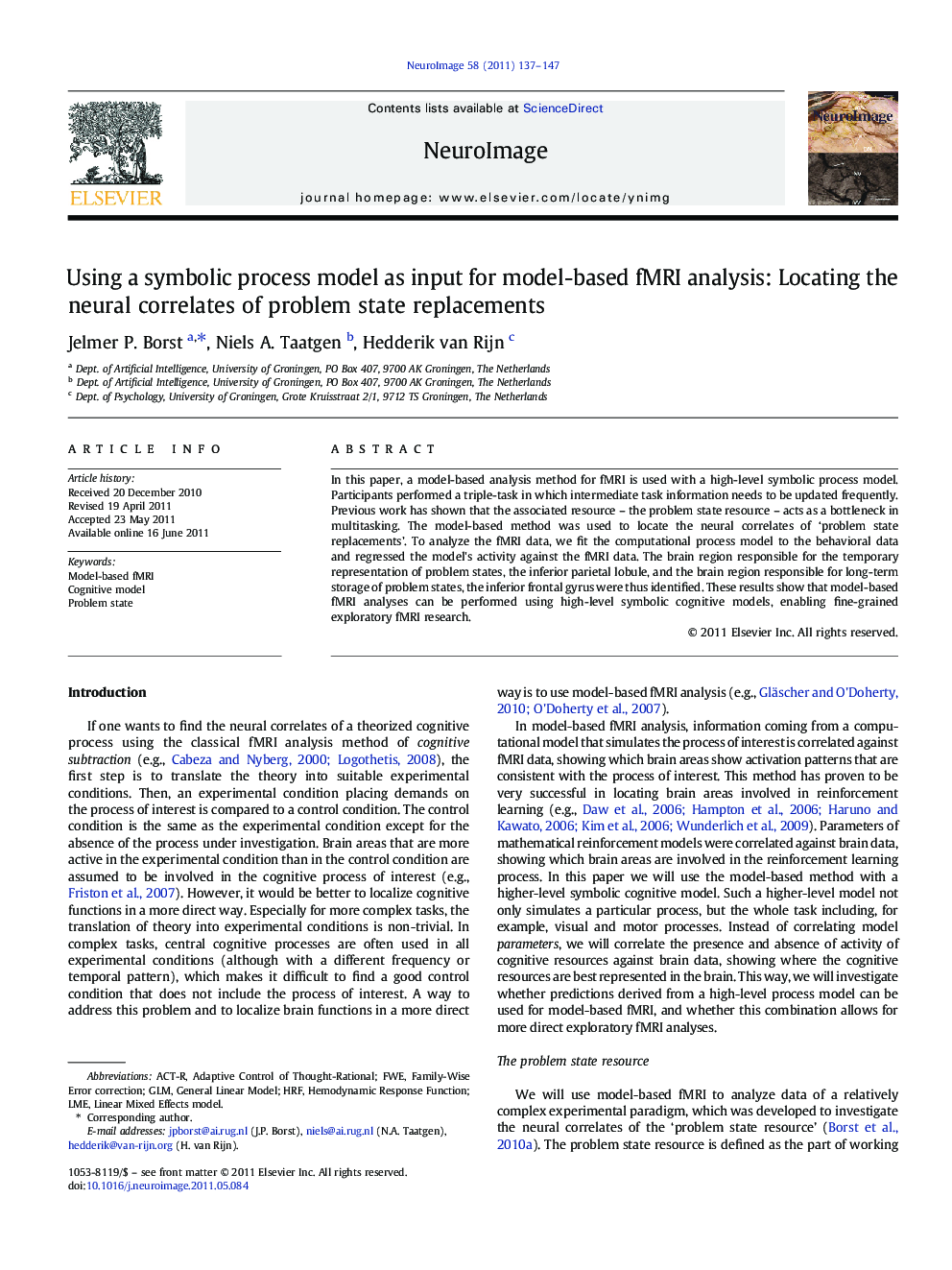 Using a symbolic process model as input for model-based fMRI analysis: Locating the neural correlates of problem state replacements