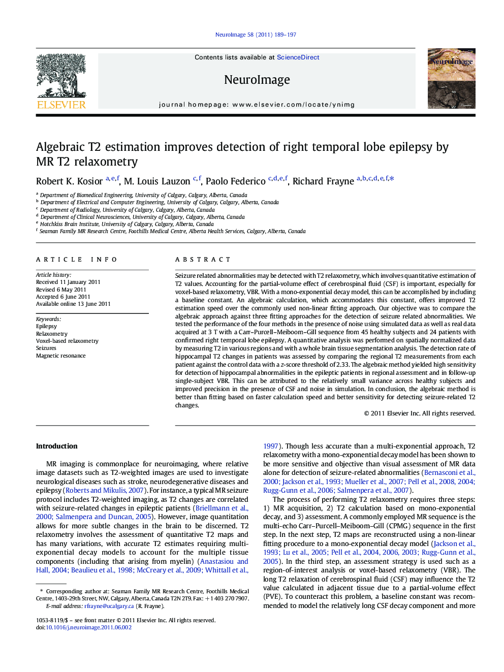 Algebraic T2 estimation improves detection of right temporal lobe epilepsy by MR T2 relaxometry