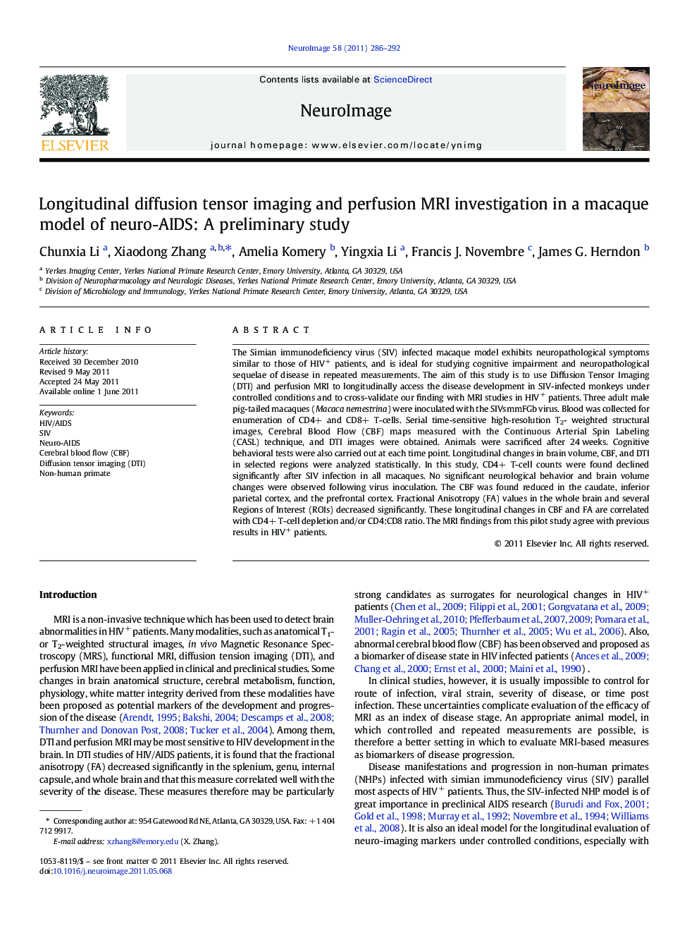 Longitudinal diffusion tensor imaging and perfusion MRI investigation in a macaque model of neuro-AIDS: A preliminary study