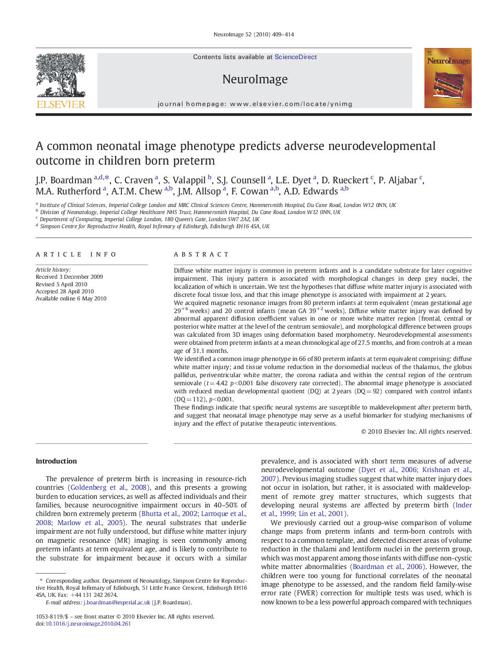 A common neonatal image phenotype predicts adverse neurodevelopmental outcome in children born preterm