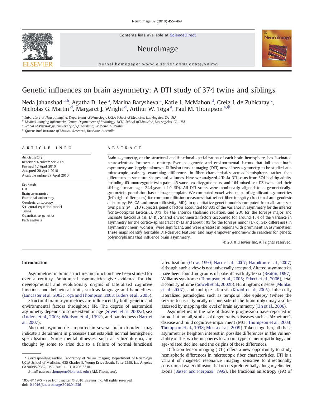 Genetic influences on brain asymmetry: A DTI study of 374 twins and siblings