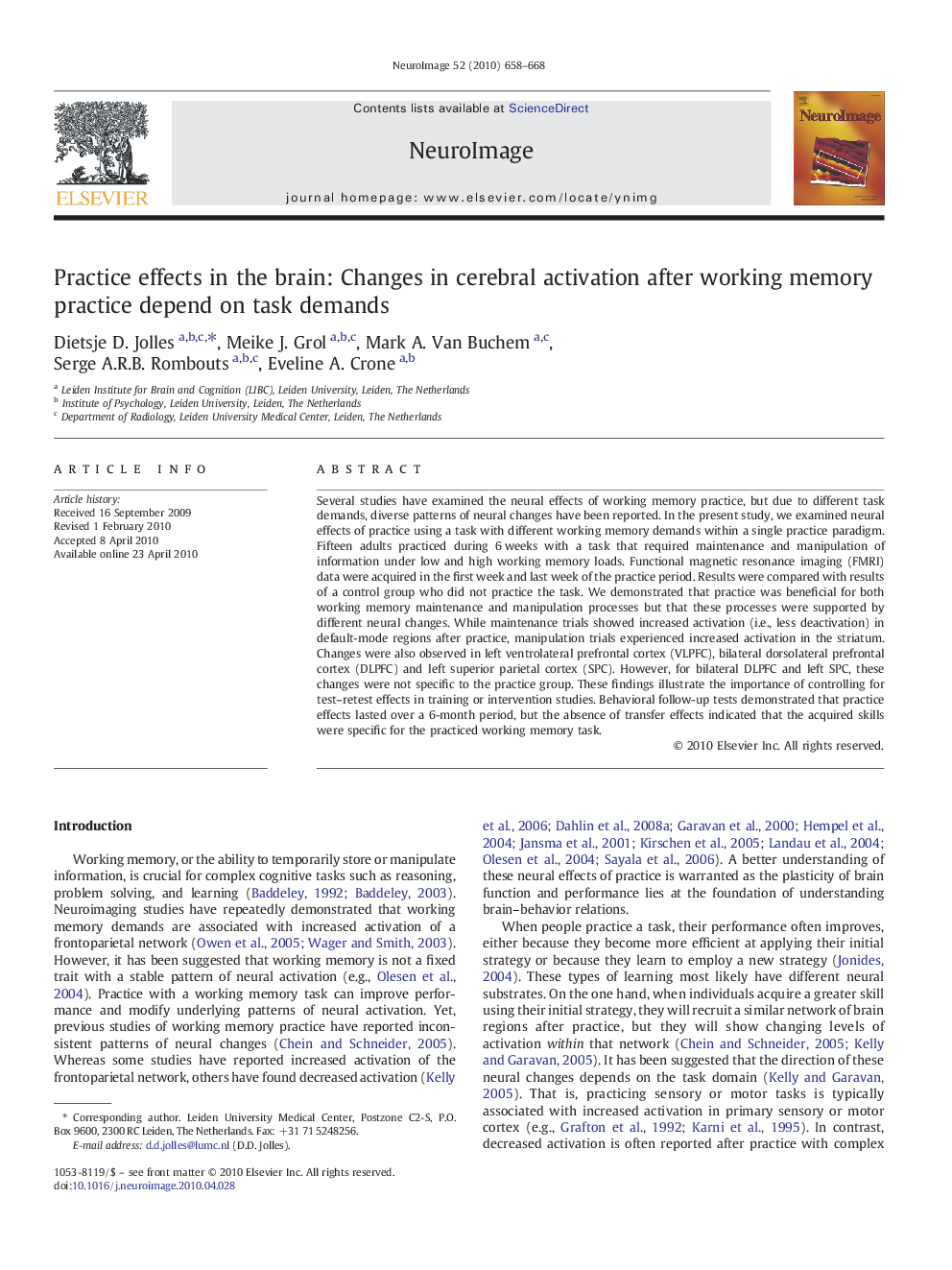 عکس صفحه اول مقاله: Practice effects in the brain: Changes in cerebral activation after working memory practice depend on task demands Practice effects in the brain: Changes in cerebral activation after working memory practice depend on task demands