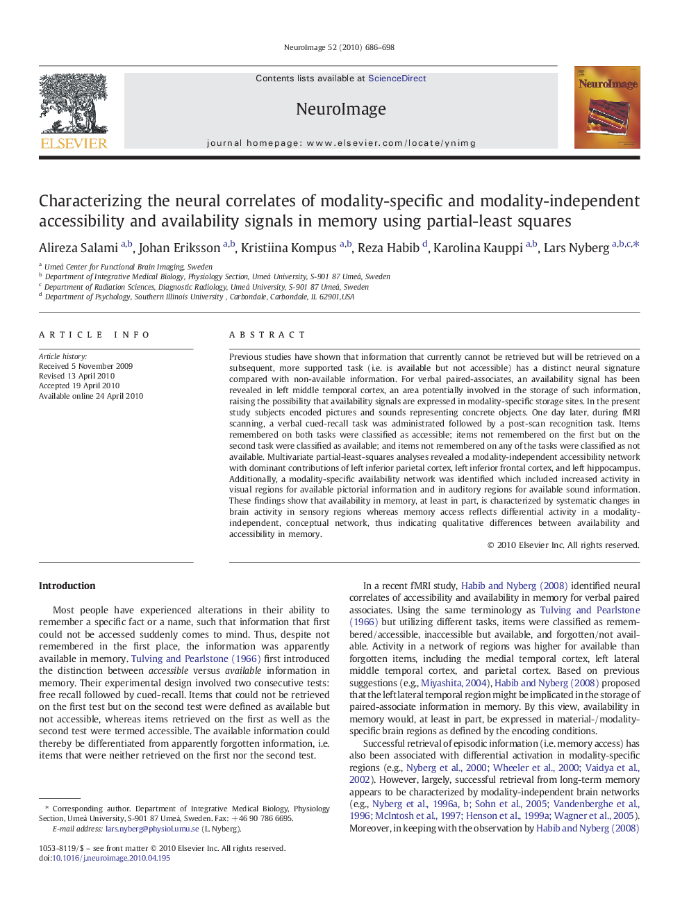 Characterizing the neural correlates of modality-specific and modality-independent accessibility and availability signals in memory using partial-least squares