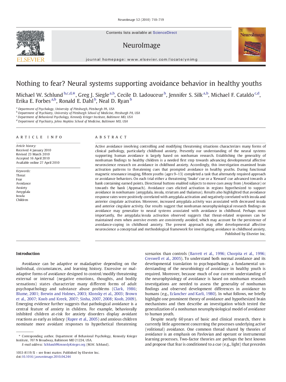 Nothing to fear? Neural systems supporting avoidance behavior in healthy youths