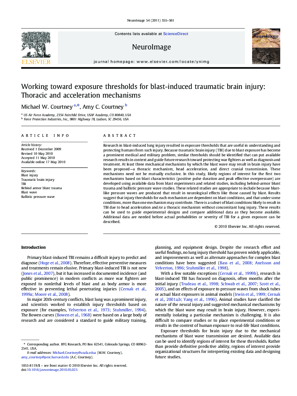 Working toward exposure thresholds for blast-induced traumatic brain injury: Thoracic and acceleration mechanisms