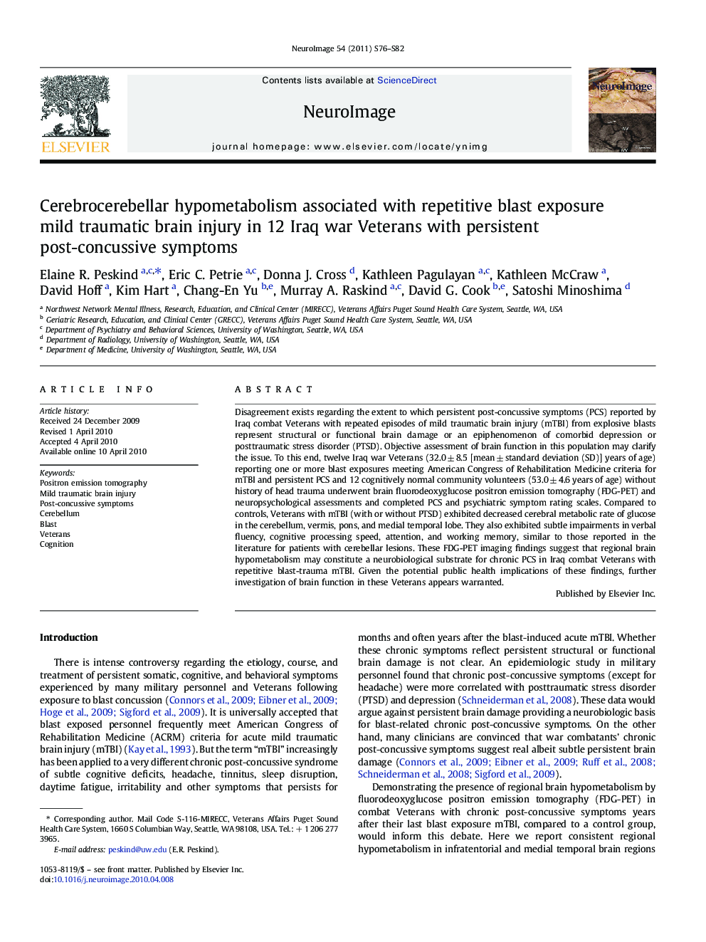 Cerebrocerebellar hypometabolism associated with repetitive blast exposure mild traumatic brain injury in 12 Iraq war Veterans with persistent post-concussive symptoms