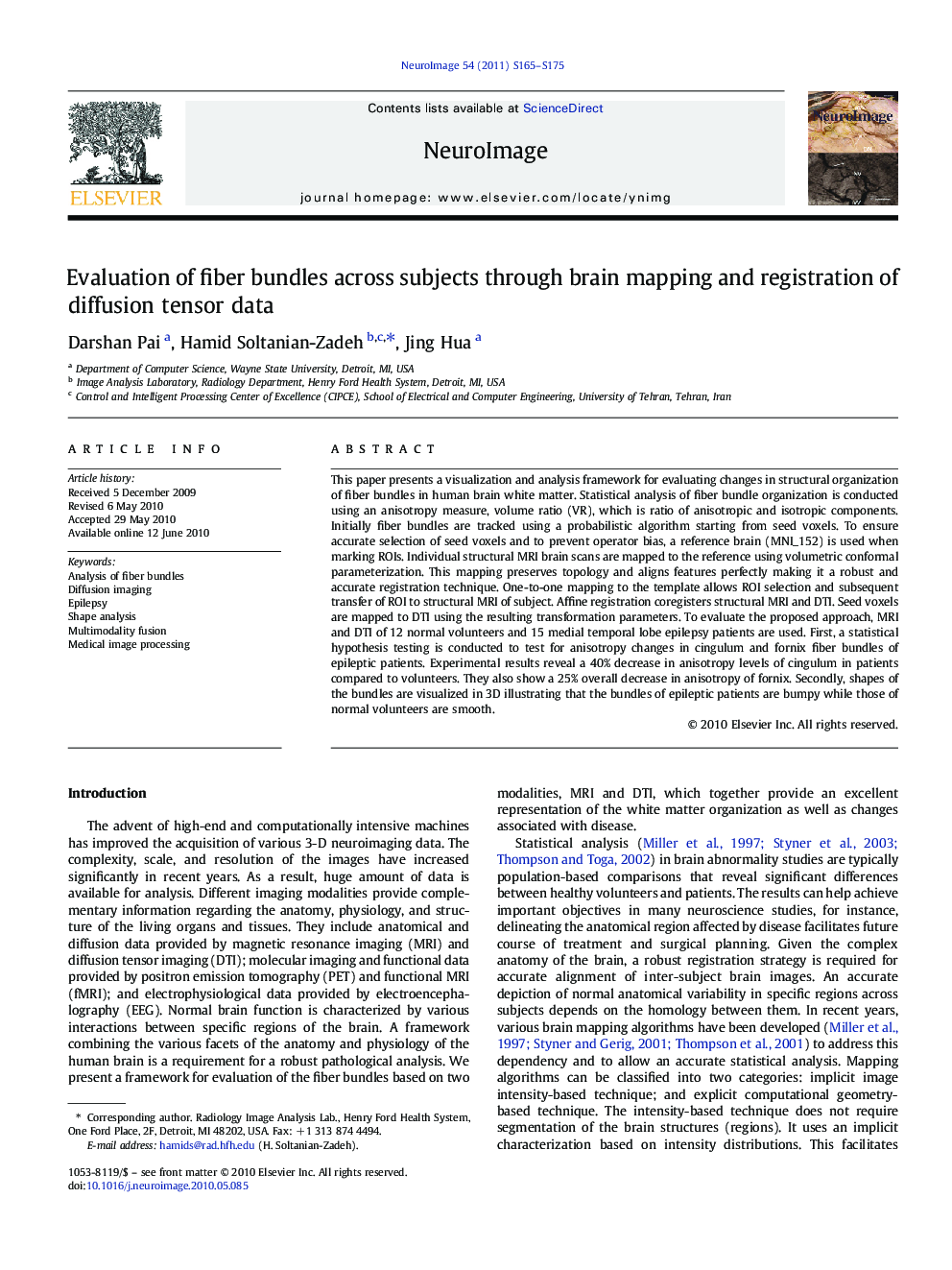 Evaluation of fiber bundles across subjects through brain mapping and registration of diffusion tensor data