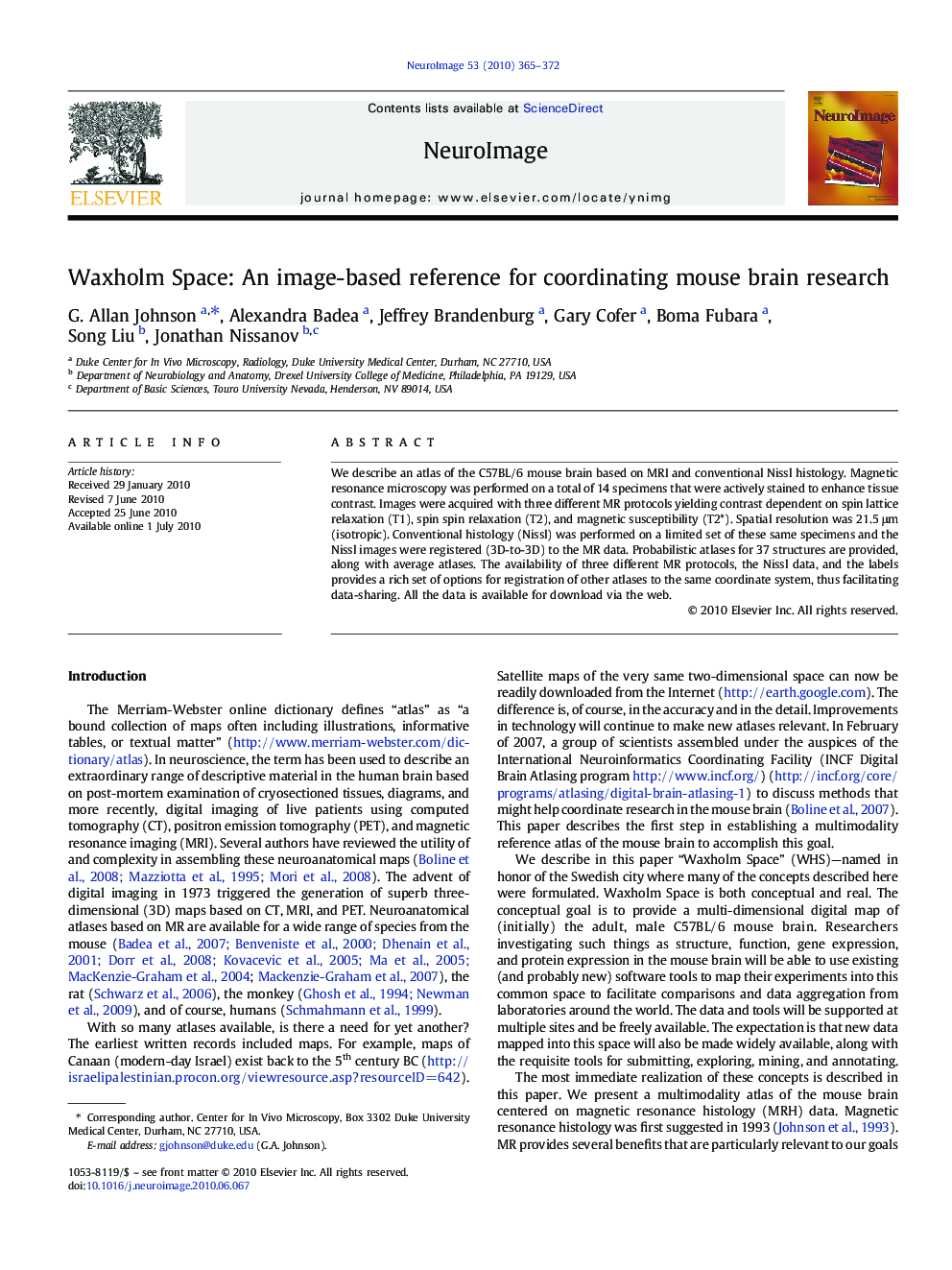 Waxholm Space: An image-based reference for coordinating mouse brain research