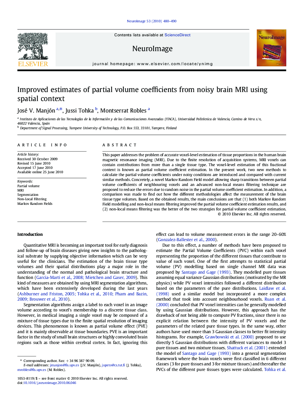 Improved estimates of partial volume coefficients from noisy brain MRI using spatial context