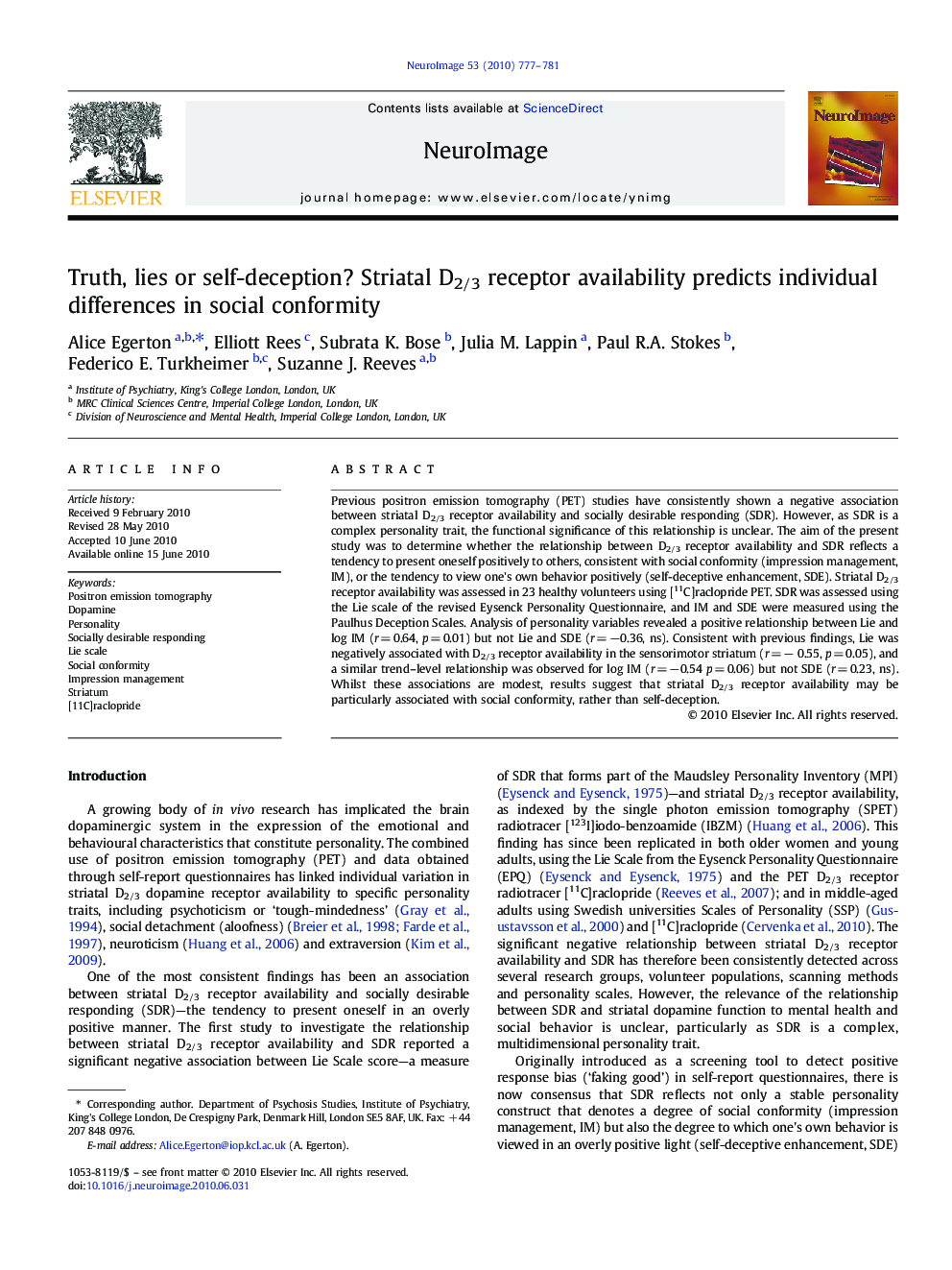 Truth, lies or self-deception? Striatal D2/3 receptor availability predicts individual differences in social conformity