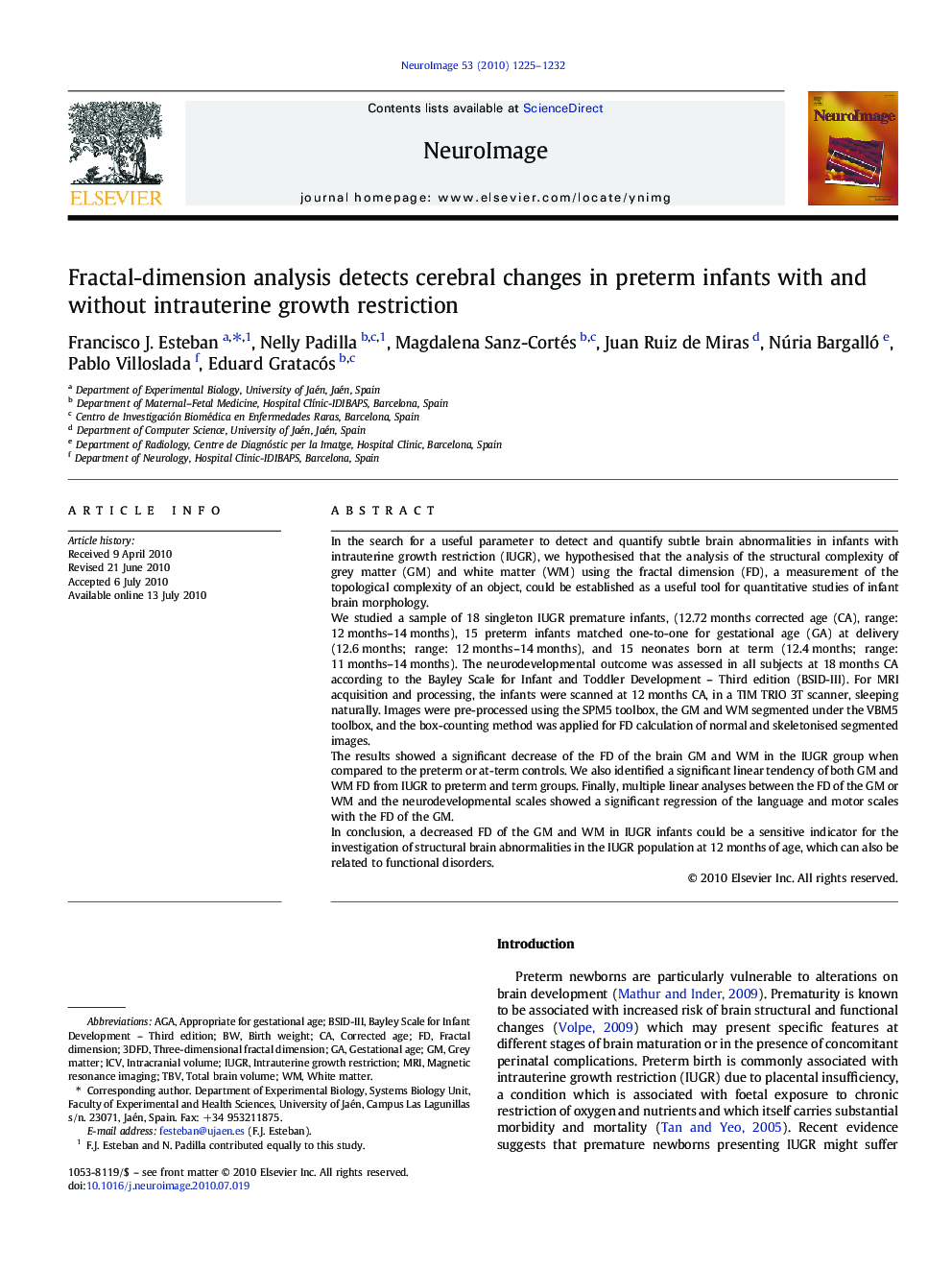 Fractal-dimension analysis detects cerebral changes in preterm infants with and without intrauterine growth restriction