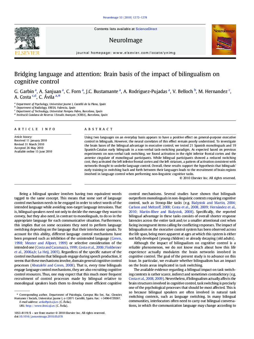 Bridging language and attention: Brain basis of the impact of bilingualism on cognitive control