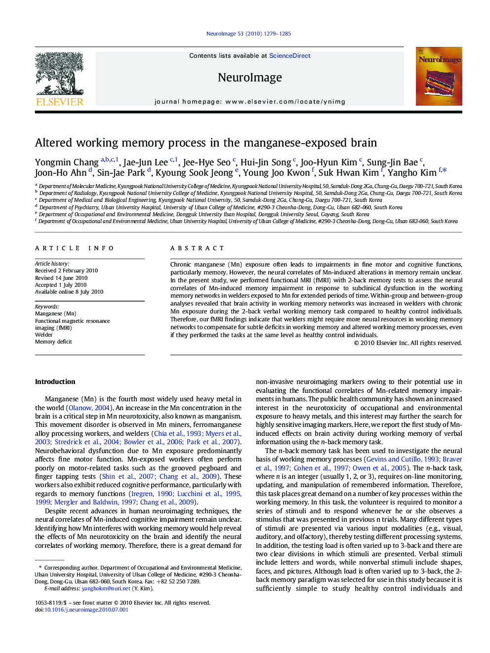 Altered working memory process in the manganese-exposed brain