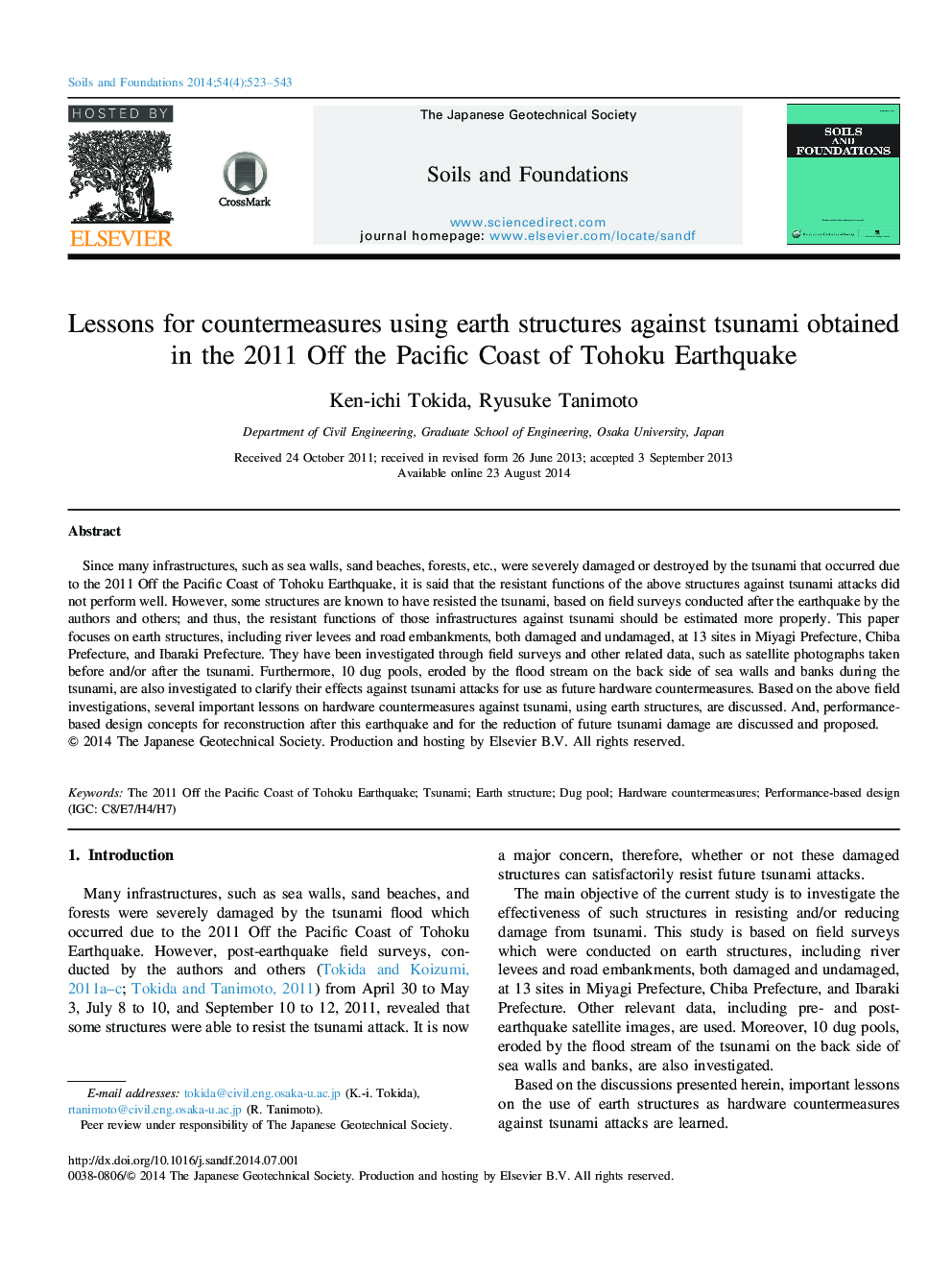 Lessons for countermeasures using earth structures against tsunami obtained in the 2011 Off the Pacific Coast of Tohoku Earthquake 