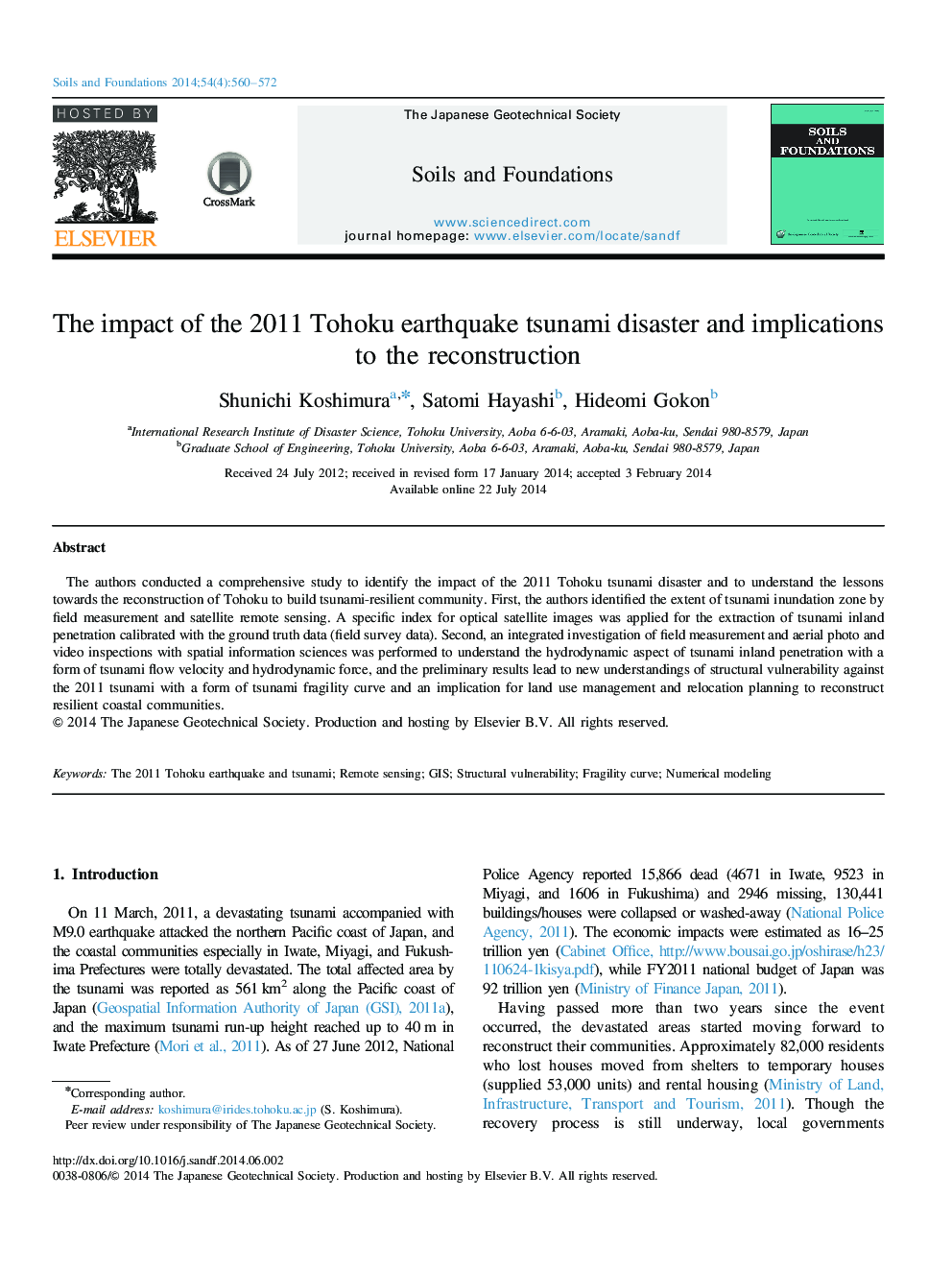 The impact of the 2011 Tohoku earthquake tsunami disaster and implications to the reconstruction 