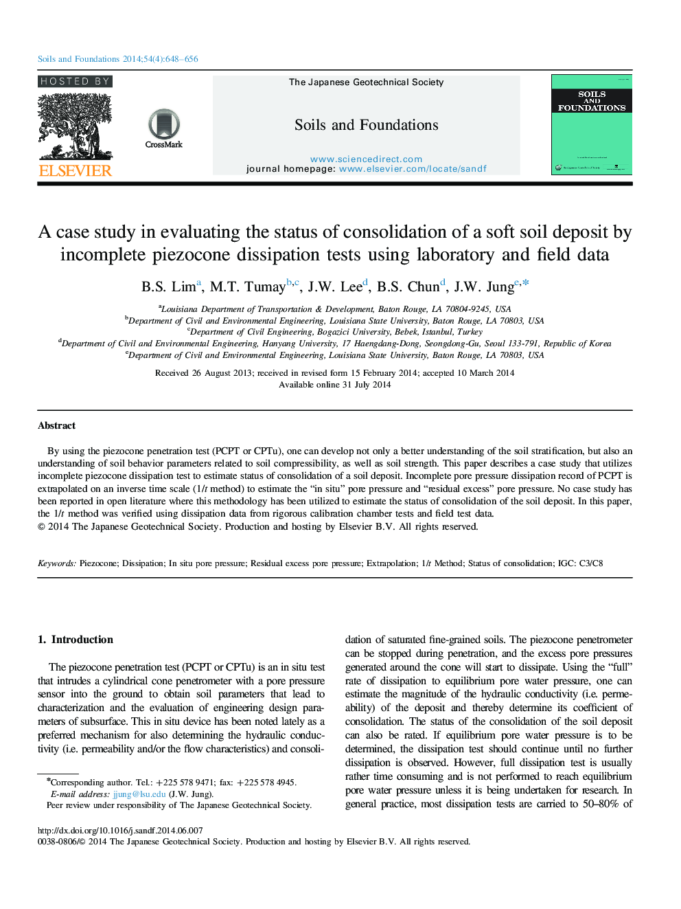 A case study in evaluating the status of consolidation of a soft soil deposit by incomplete piezocone dissipation tests using laboratory and field data 