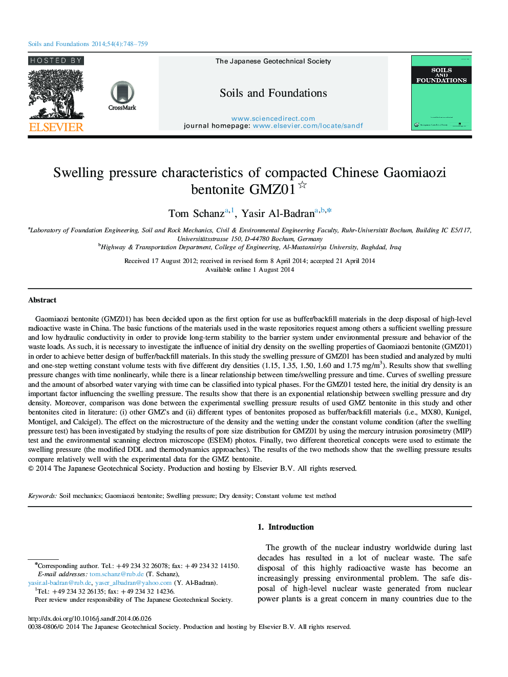 Swelling pressure characteristics of compacted Chinese Gaomiaozi bentonite GMZ01 