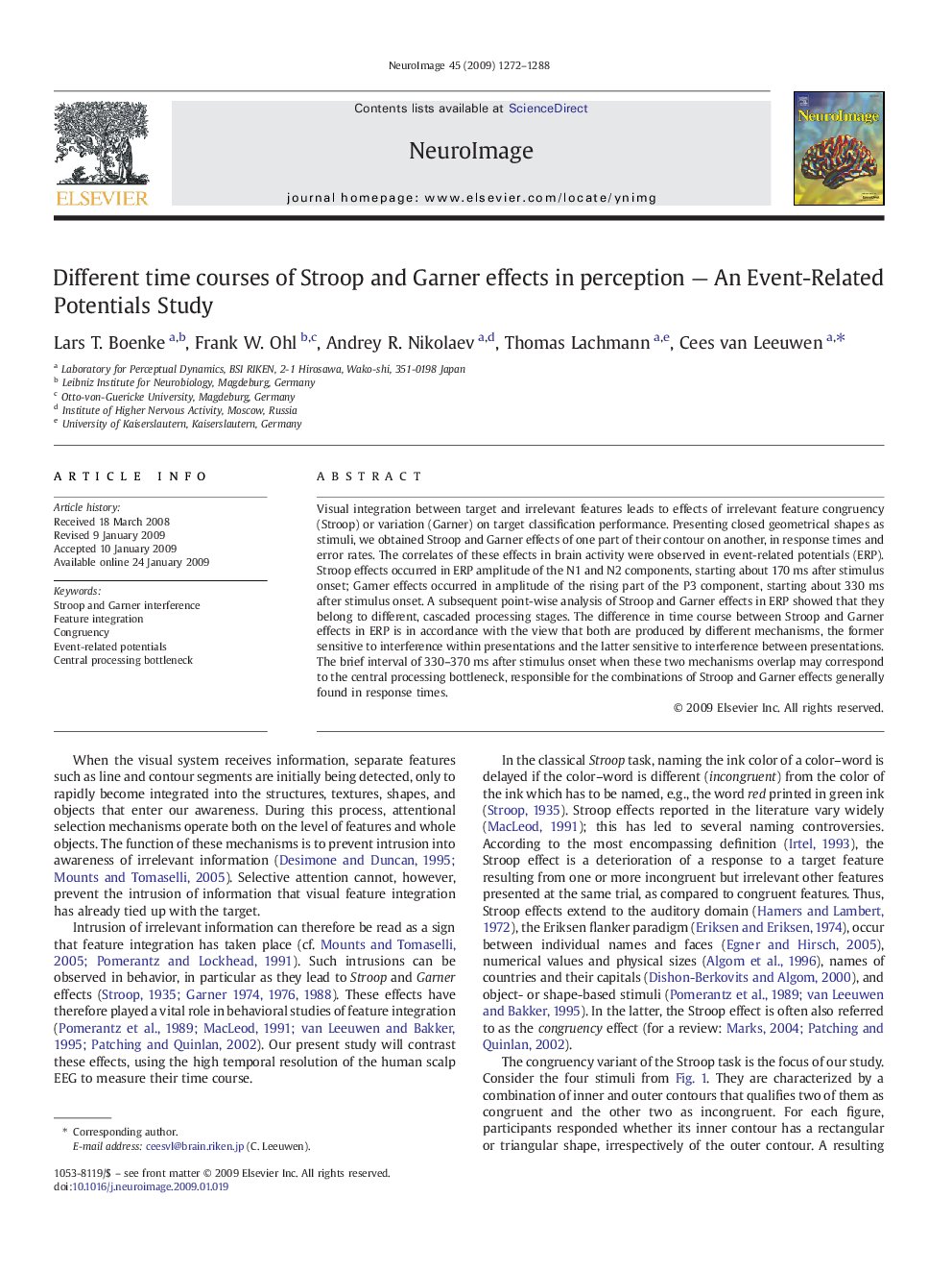 Different time courses of Stroop and Garner effects in perception — An Event-Related Potentials Study