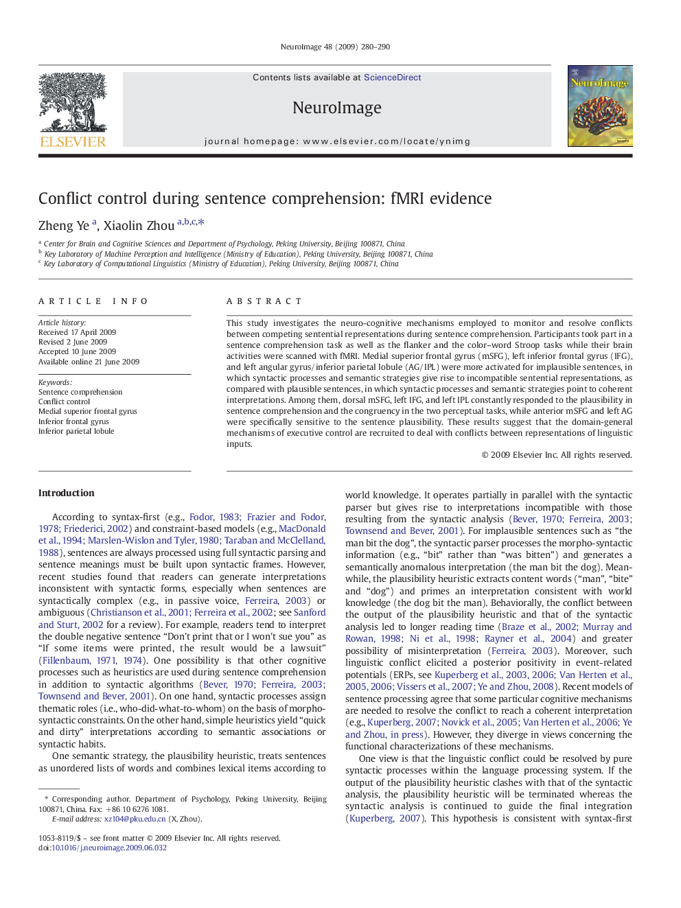 Conflict control during sentence comprehension: fMRI evidence