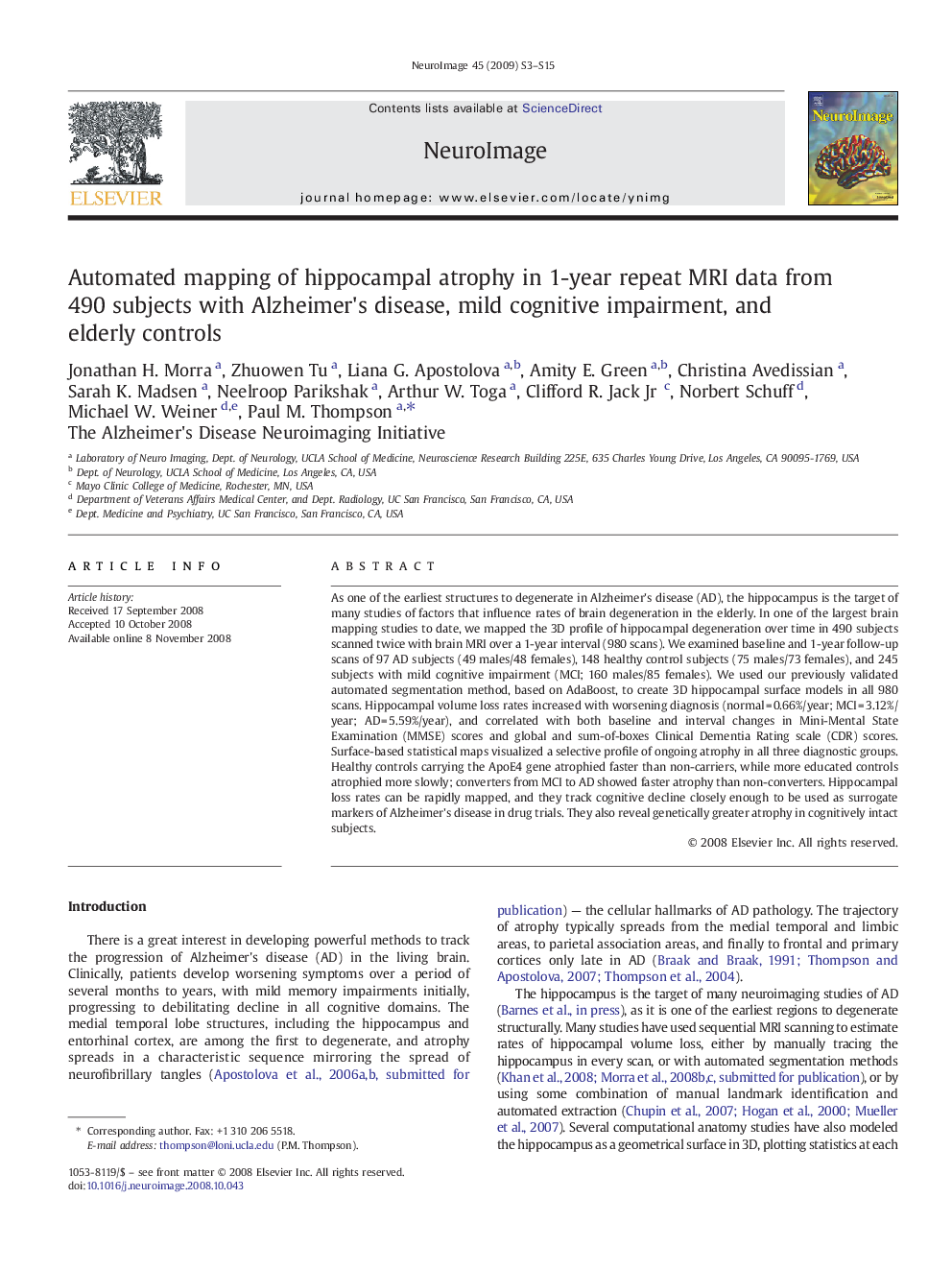 Automated mapping of hippocampal atrophy in 1-year repeat MRI data from 490 subjects with Alzheimer's disease, mild cognitive impairment, and elderly controls