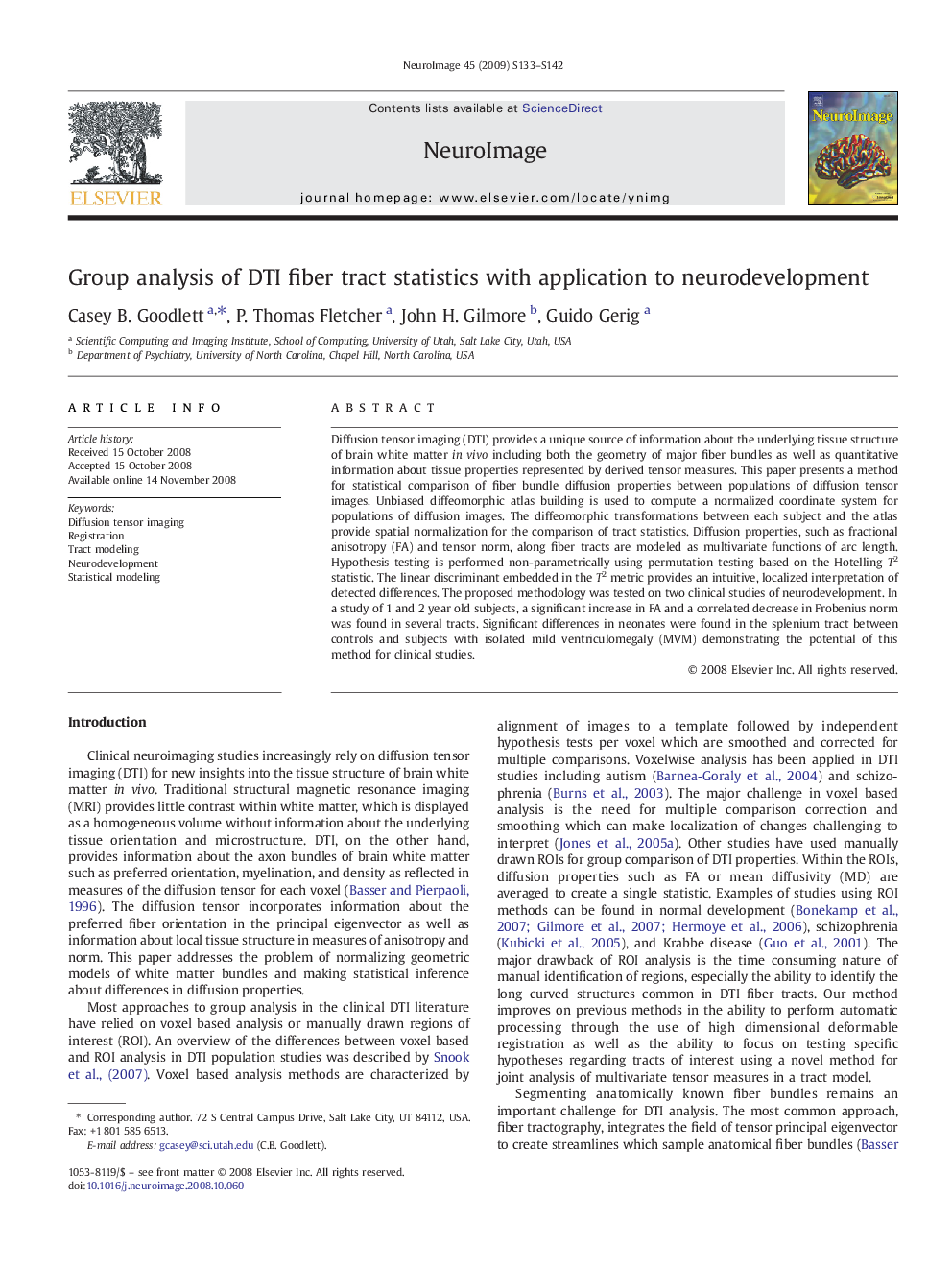 Group analysis of DTI fiber tract statistics with application to neurodevelopment