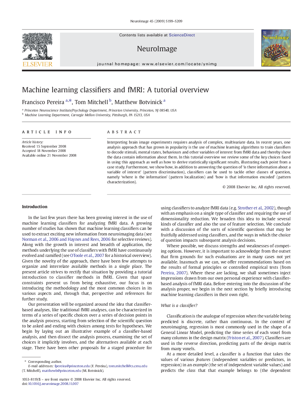 Machine learning classifiers and fMRI: A tutorial overview