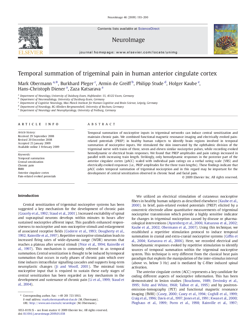 Temporal summation of trigeminal pain in human anterior cingulate cortex