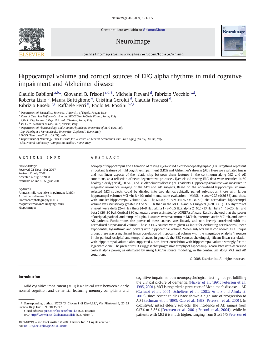 Hippocampal volume and cortical sources of EEG alpha rhythms in mild cognitive impairment and Alzheimer disease