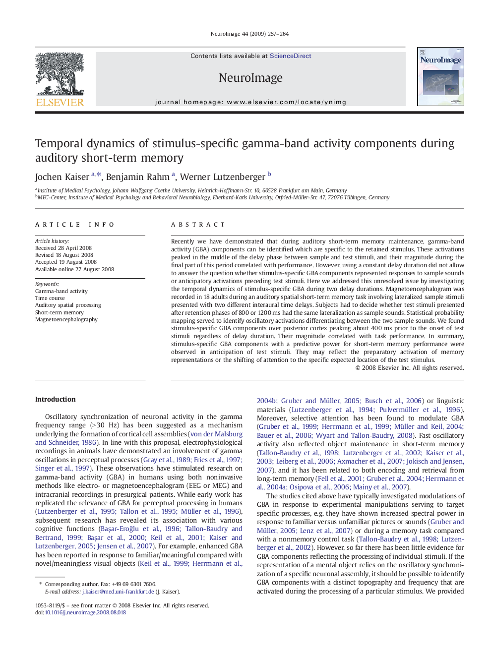 Temporal dynamics of stimulus-specific gamma-band activity components during auditory short-term memory