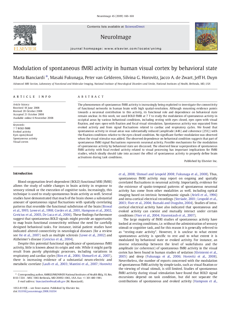 Modulation of spontaneous fMRI activity in human visual cortex by behavioral state