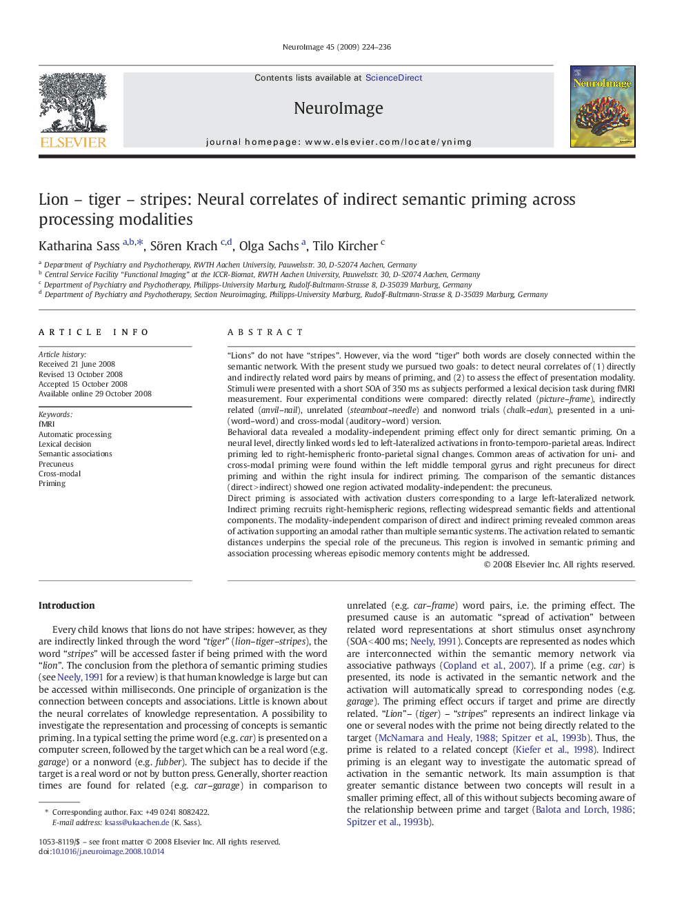 Lion – tiger – stripes: Neural correlates of indirect semantic priming across processing modalities