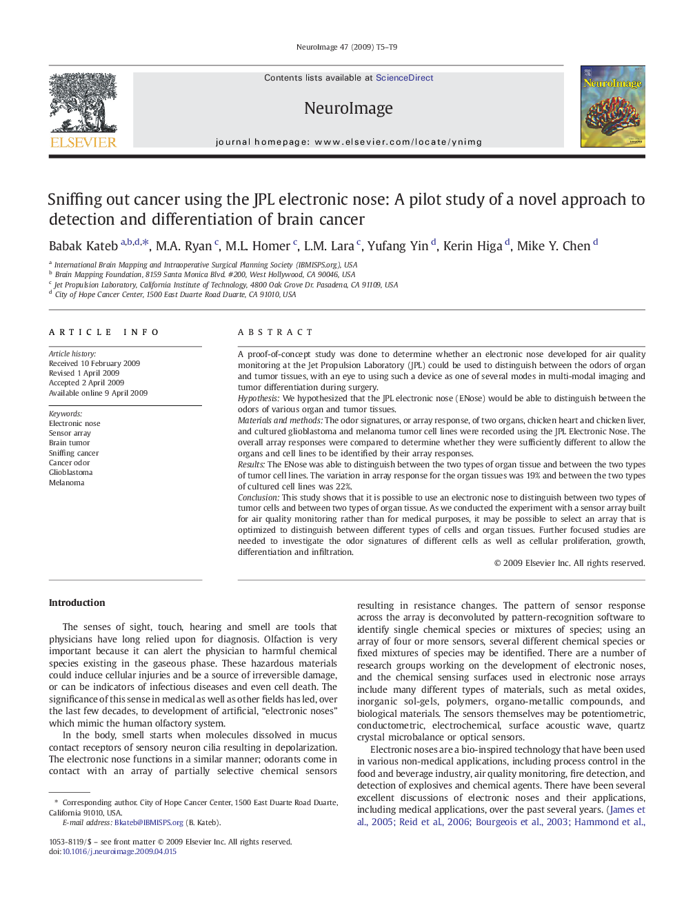 Sniffing out cancer using the JPL electronic nose: A pilot study of a novel approach to detection and differentiation of brain cancer