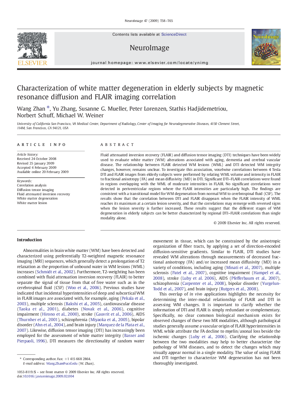 Characterization of white matter degeneration in elderly subjects by magnetic resonance diffusion and FLAIR imaging correlation