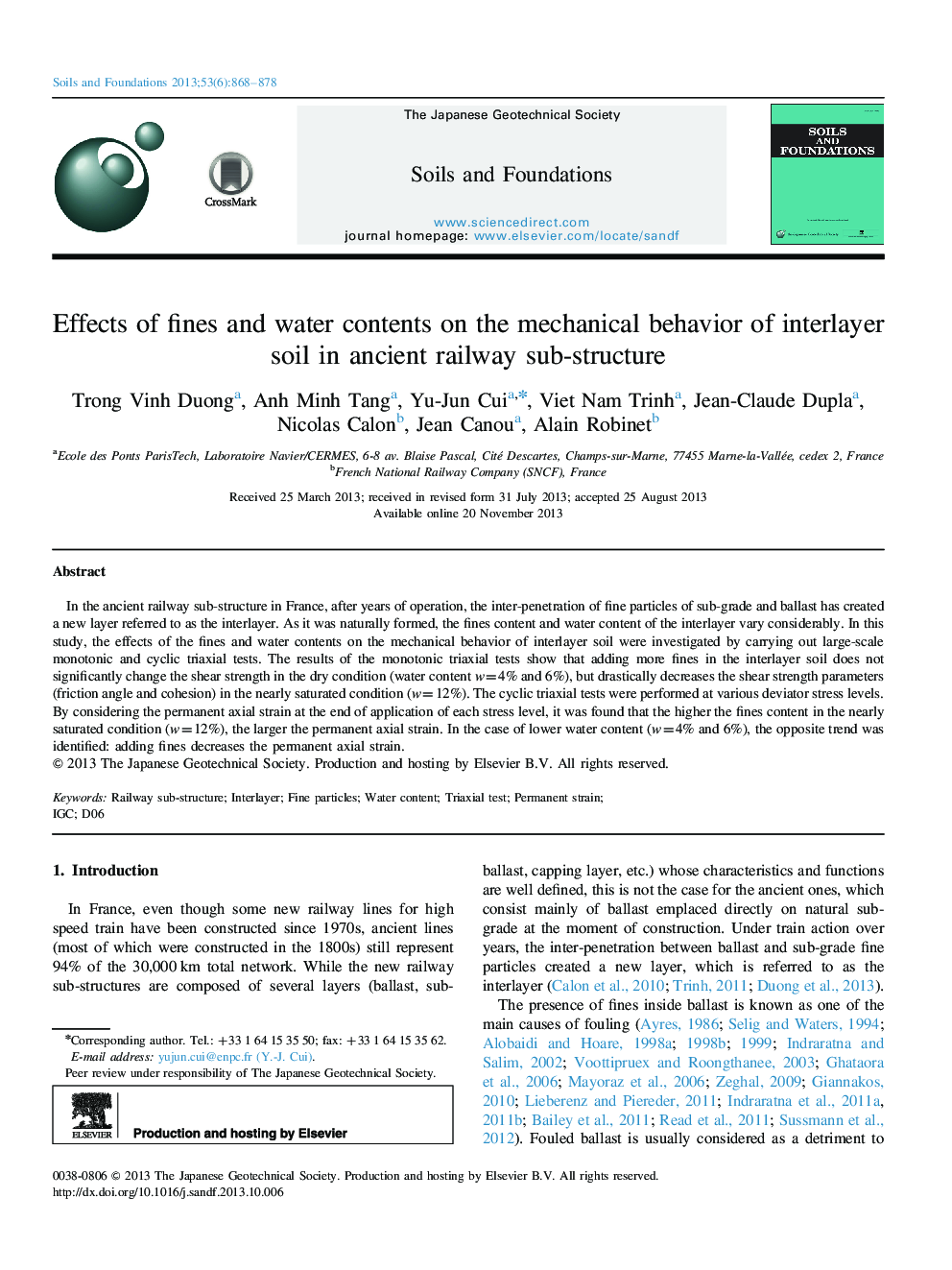 Effects of fines and water contents on the mechanical behavior of interlayer soil in ancient railway sub-structure 