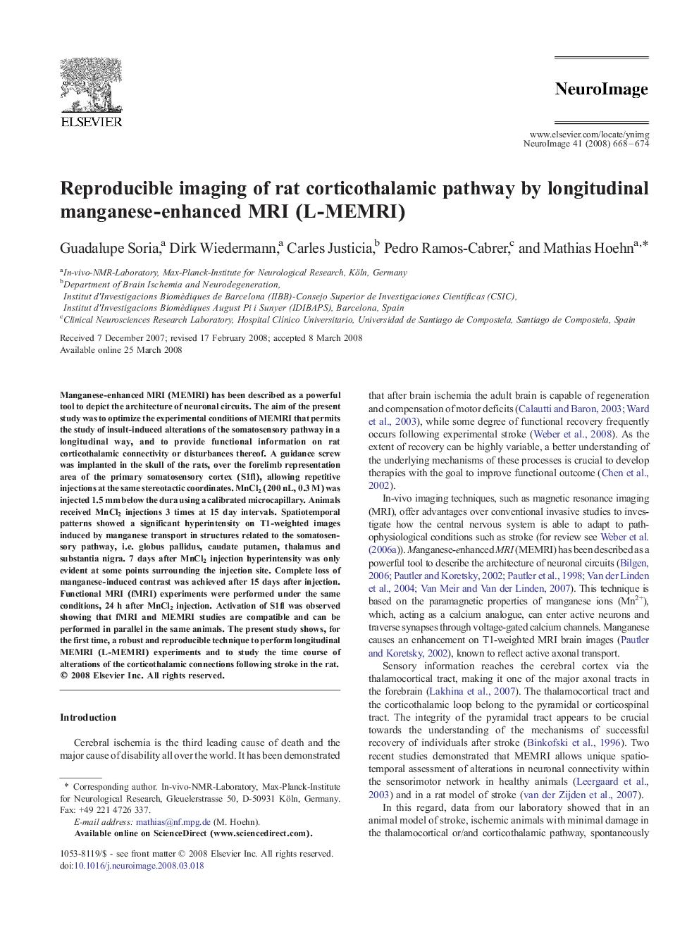 عکس صفحه اول مقاله: Reproducible imaging of rat corticothalamic pathway by longitudinal manganese-enhanced MRI (L-MEMRI) Reproducible imaging of rat corticothalamic pathway by longitudinal manganese-enhanced MRI (L-MEMRI)