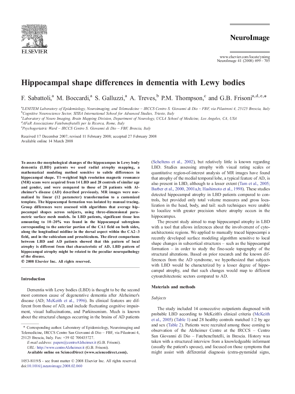 عکس صفحه اول مقاله: Hippocampal shape differences in dementia with Lewy bodies Hippocampal shape differences in dementia with Lewy bodies