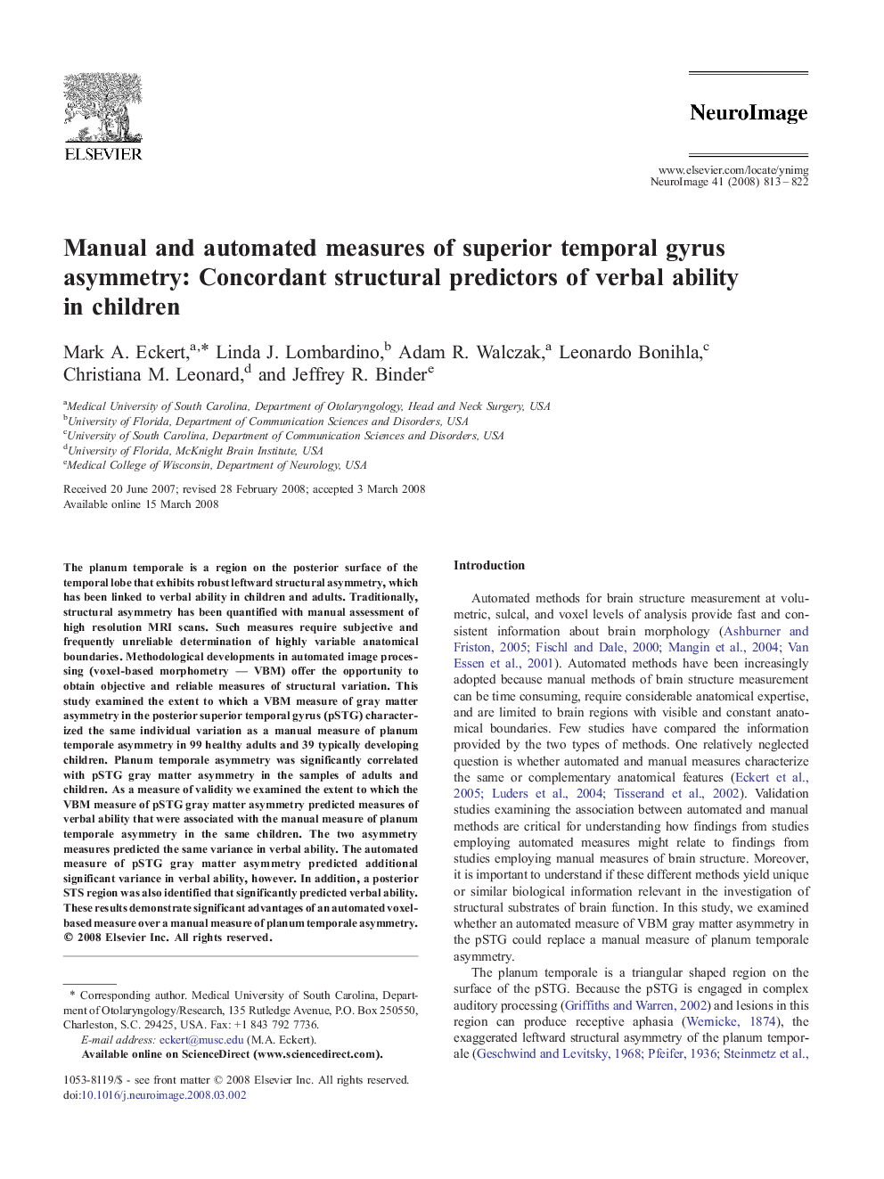 عکس صفحه اول مقاله: Manual and automated measures of superior temporal gyrus asymmetry: Concordant structural predictors of verbal ability in children Manual and automated measures of superior temporal gyrus asymmetry: Concordant structural predictors of verbal ability in children
