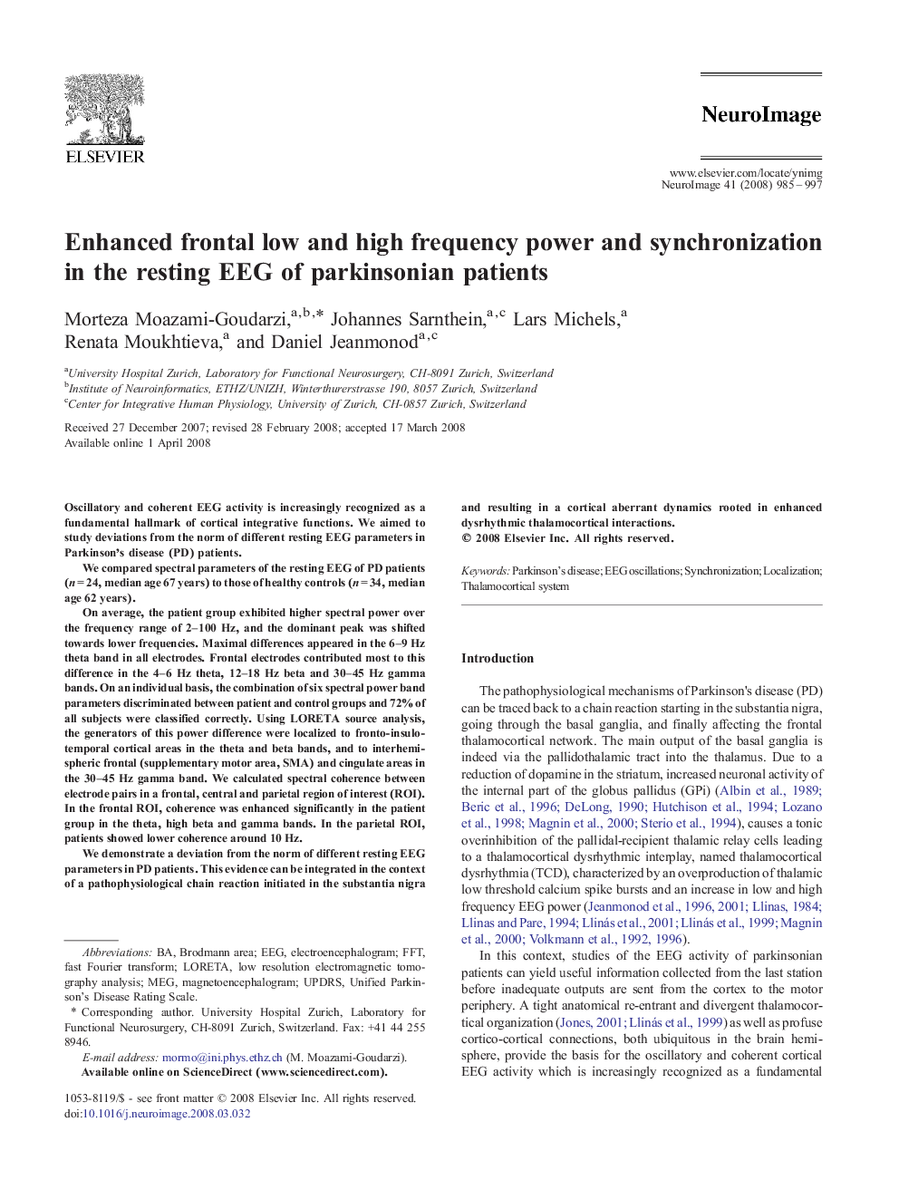 Enhanced frontal low and high frequency power and synchronization in the resting EEG of parkinsonian patients