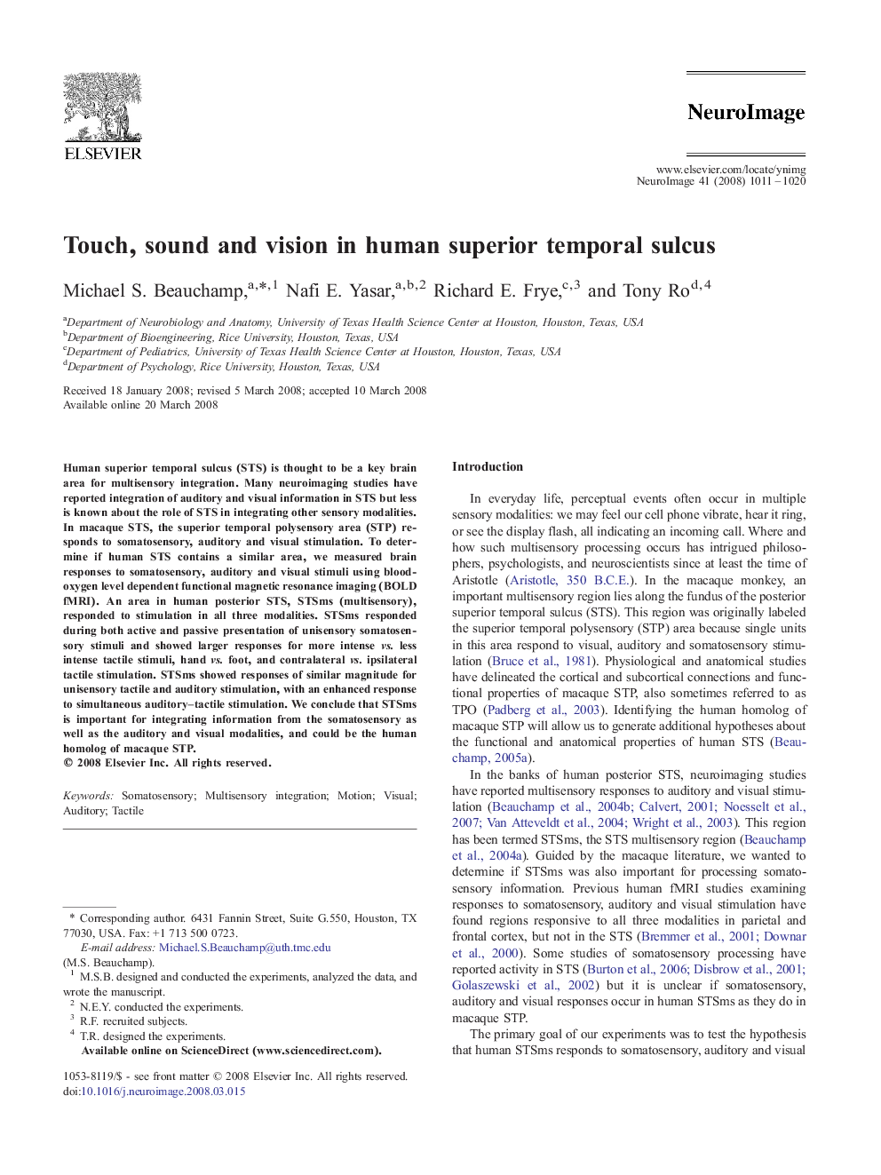 Touch, sound and vision in human superior temporal sulcus