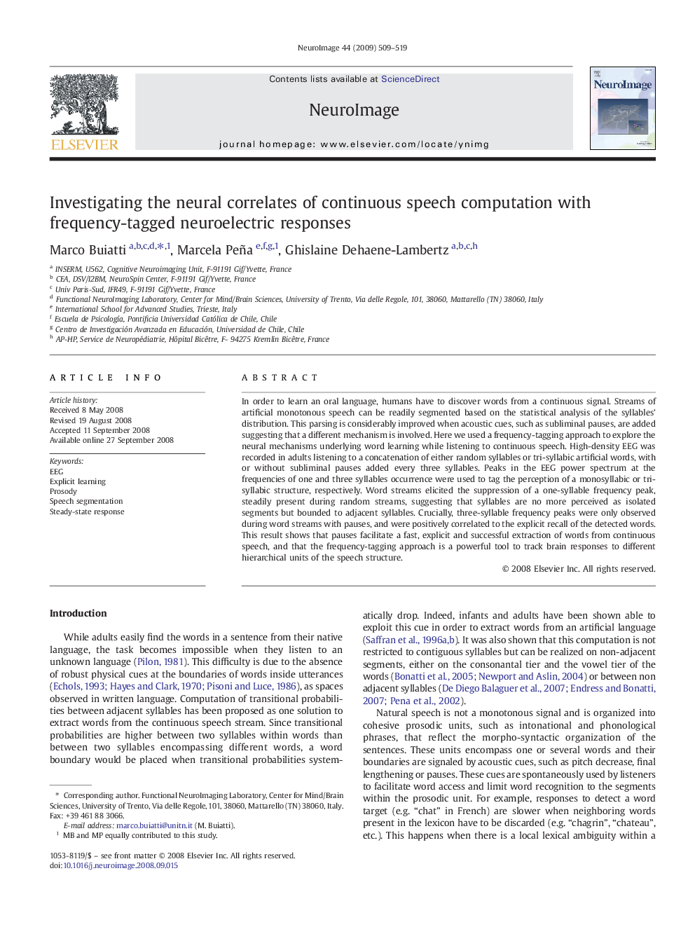 Investigating the neural correlates of continuous speech computation with frequency-tagged neuroelectric responses