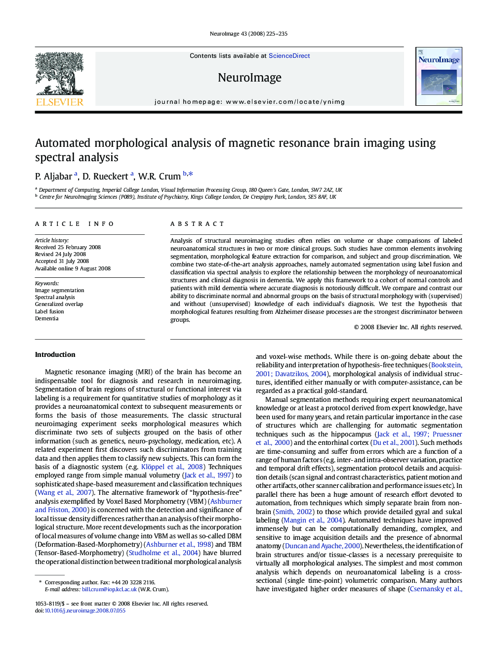 Automated morphological analysis of magnetic resonance brain imaging using spectral analysis