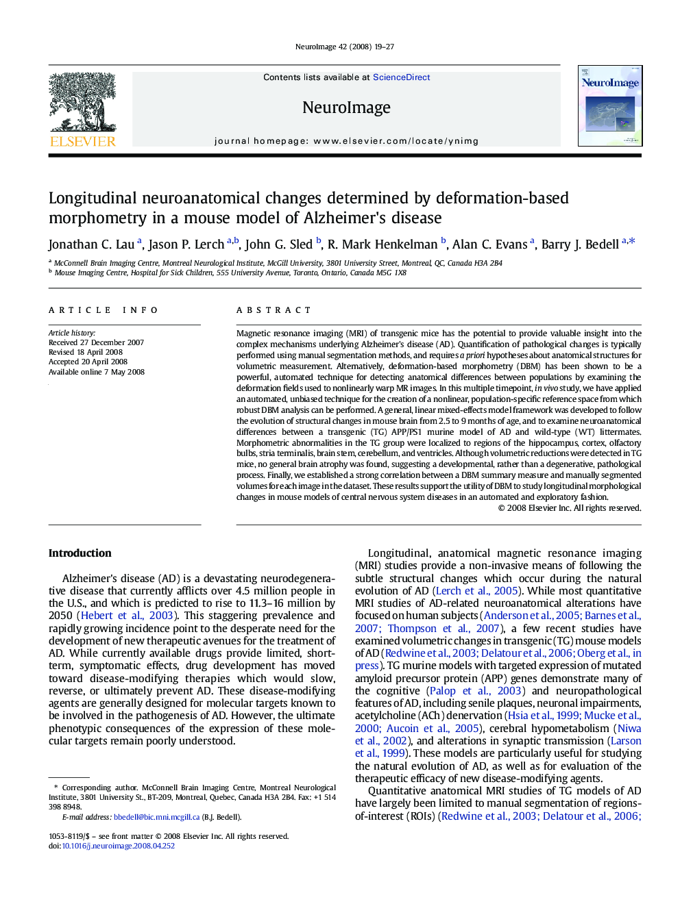 Longitudinal neuroanatomical changes determined by deformation-based morphometry in a mouse model of Alzheimer's disease