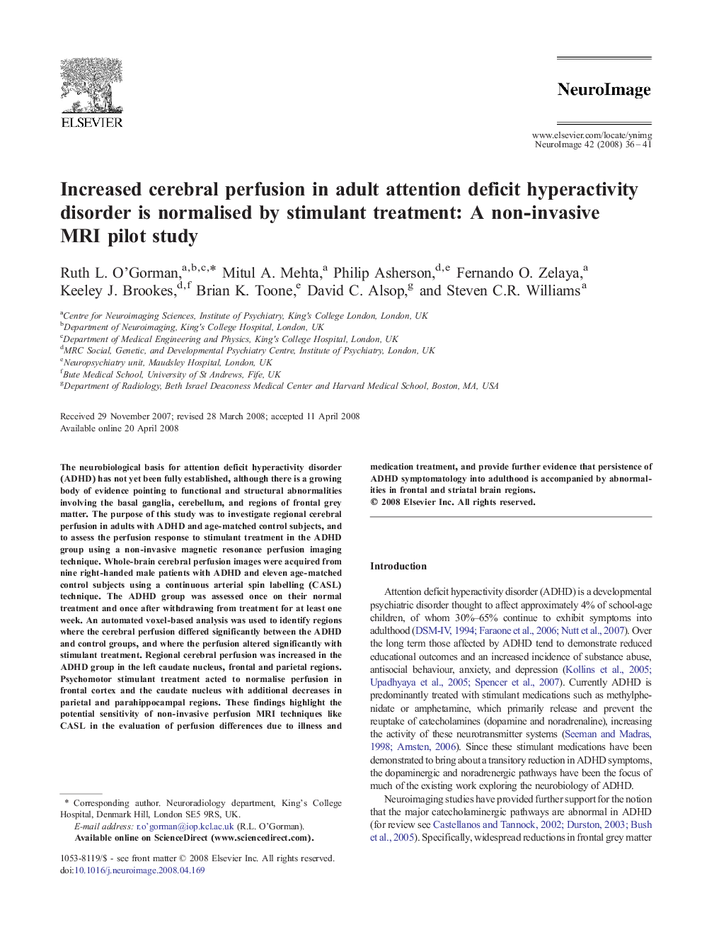 Increased cerebral perfusion in adult attention deficit hyperactivity disorder is normalised by stimulant treatment: A non-invasive MRI pilot study