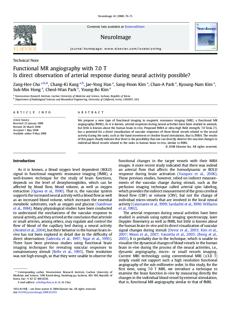 Functional MR angiography with 7.0 T: Is direct observation of arterial response during neural activity possible?