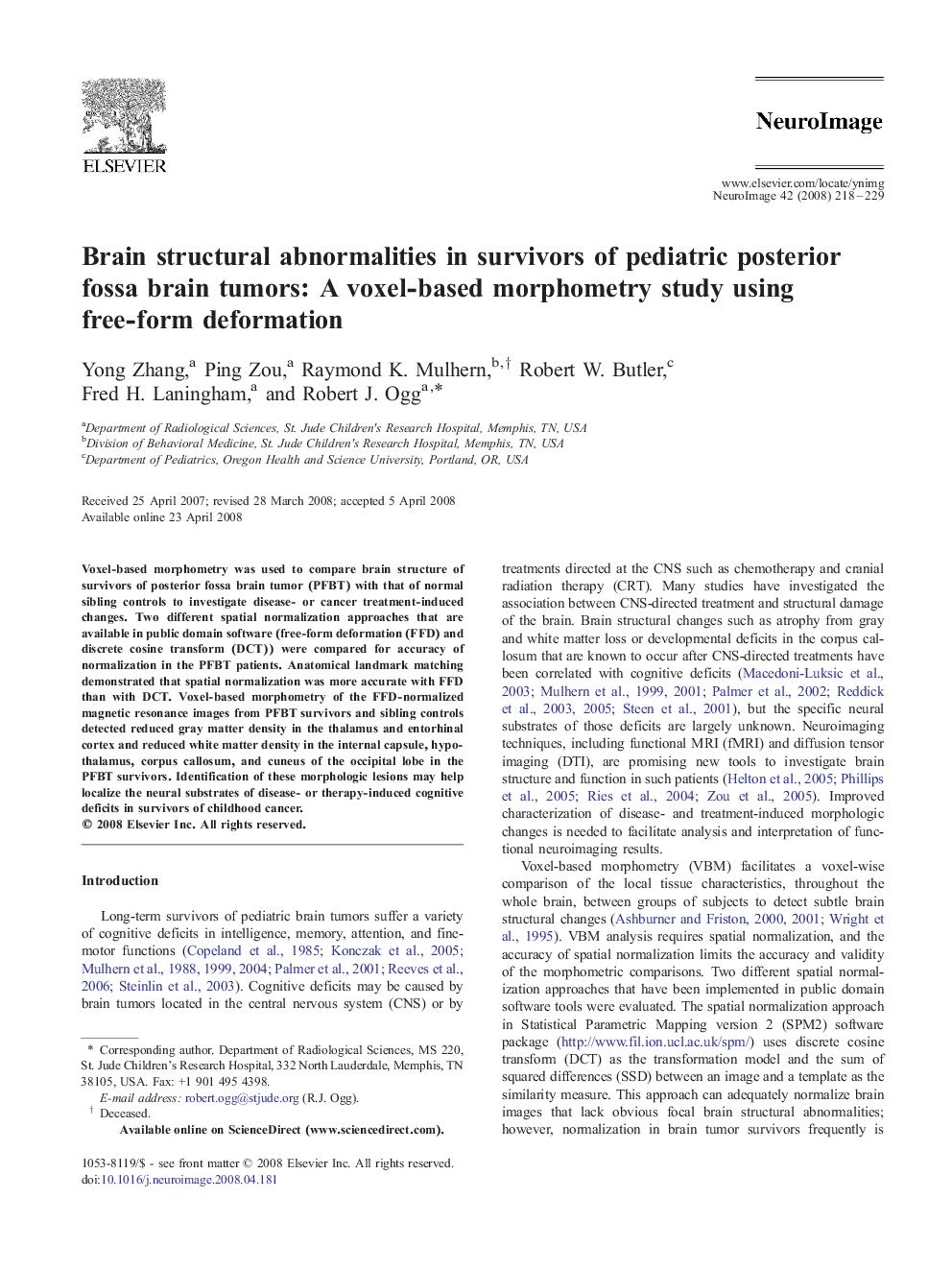 Brain structural abnormalities in survivors of pediatric posterior fossa brain tumors: A voxel-based morphometry study using free-form deformation