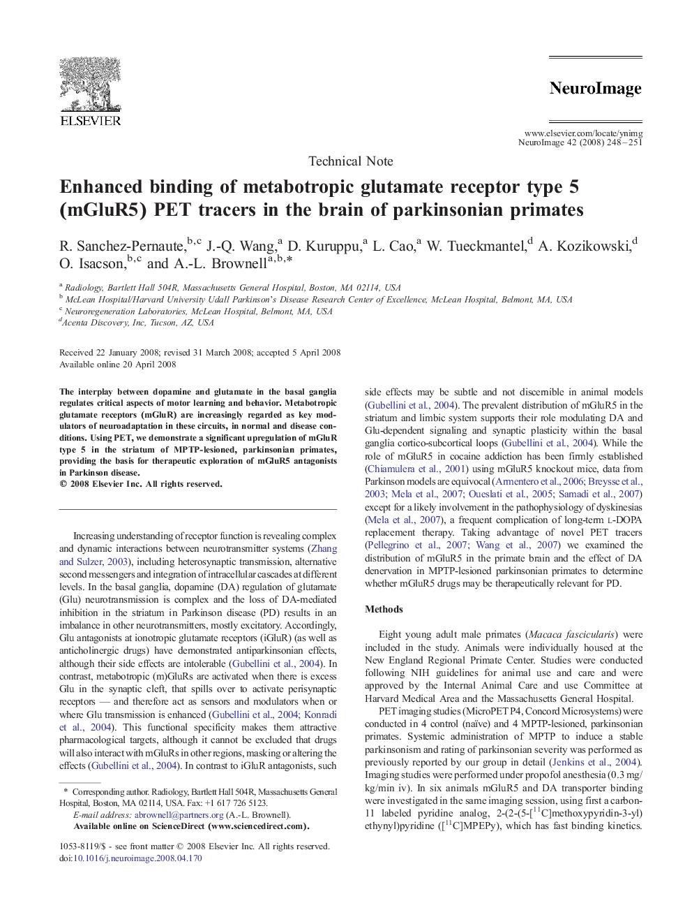 Enhanced binding of metabotropic glutamate receptor type 5 (mGluR5) PET tracers in the brain of parkinsonian primates