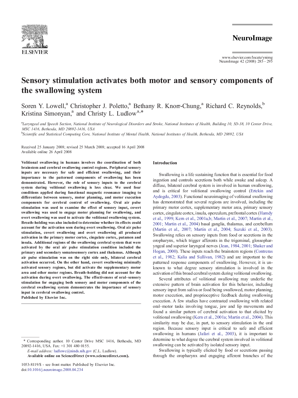 Sensory stimulation activates both motor and sensory components of the swallowing system