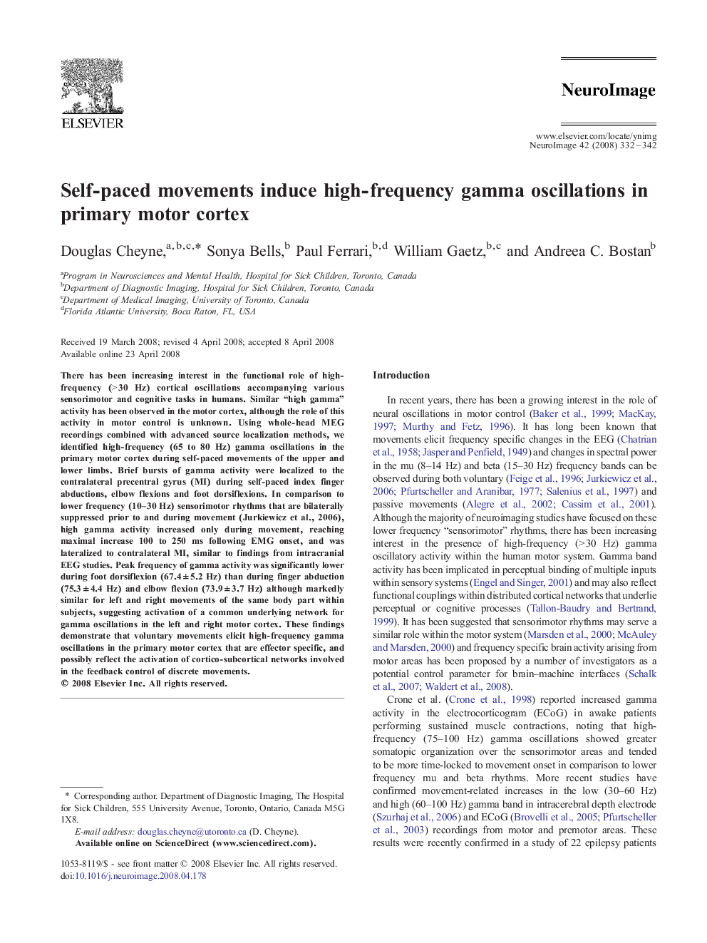 Self-paced movements induce high-frequency gamma oscillations in primary motor cortex
