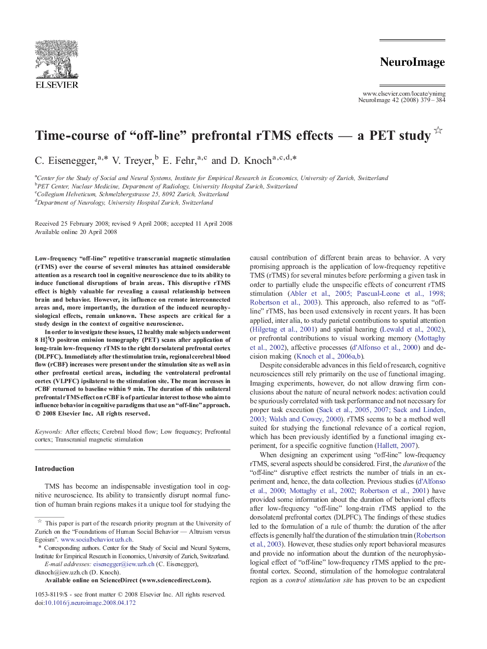 Time-course of “off-line” prefrontal rTMS effects — a PET study 