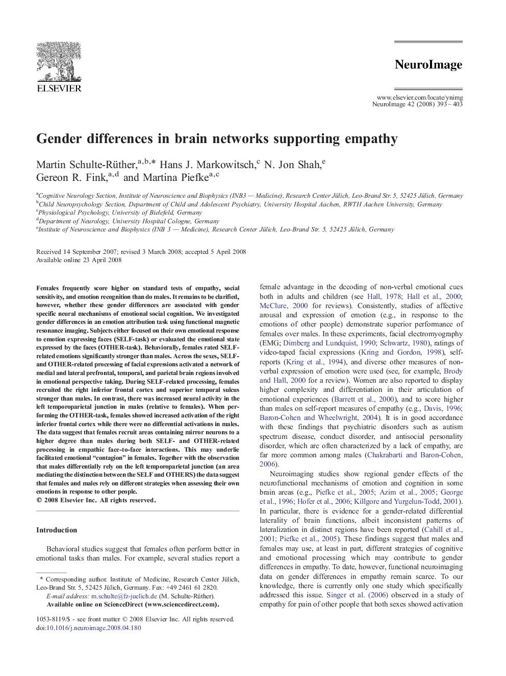 Gender differences in brain networks supporting empathy
